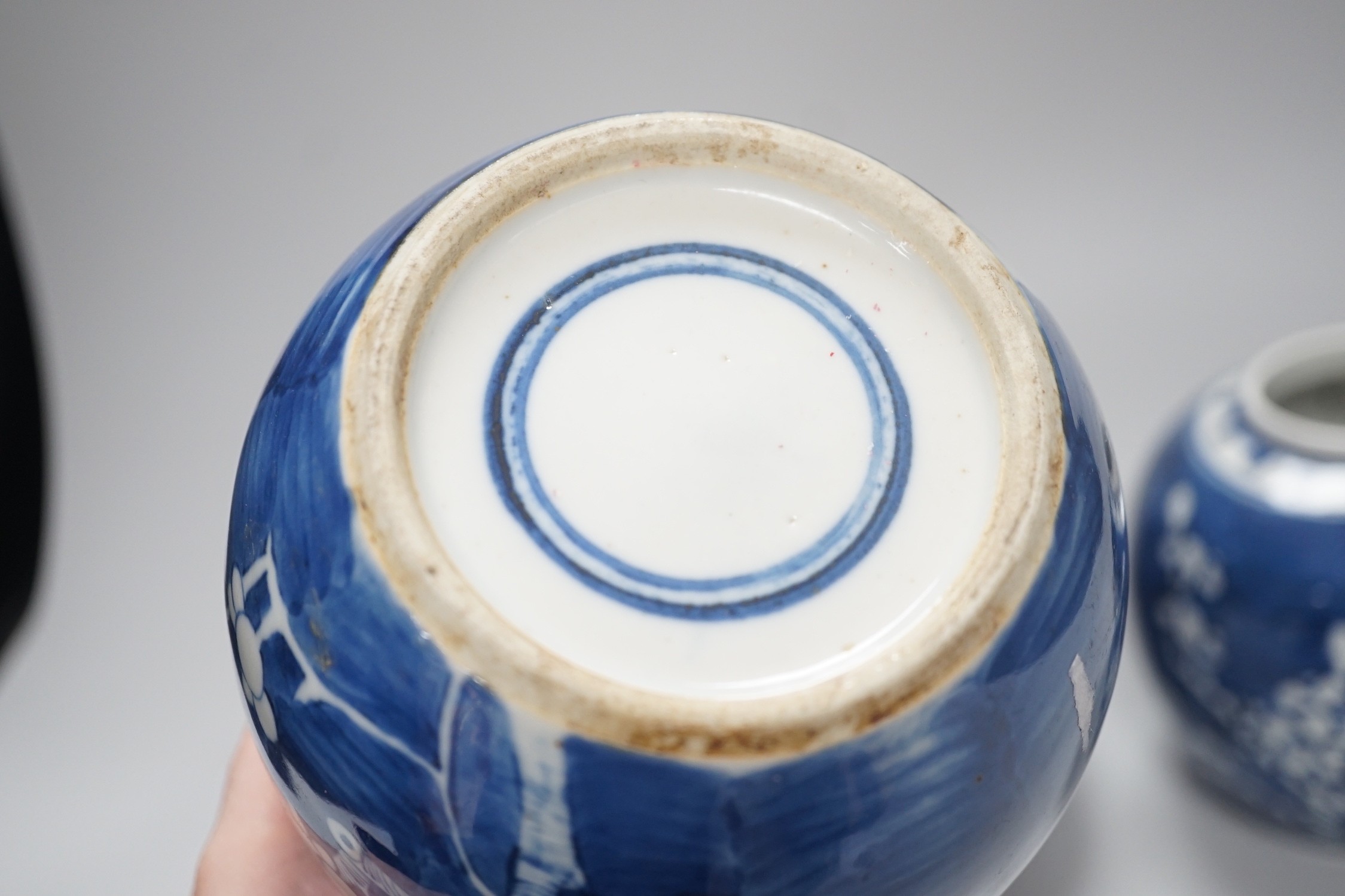 Three Chinese blue and white prunus jars, late 19th / early 20th century, tallest 16cm